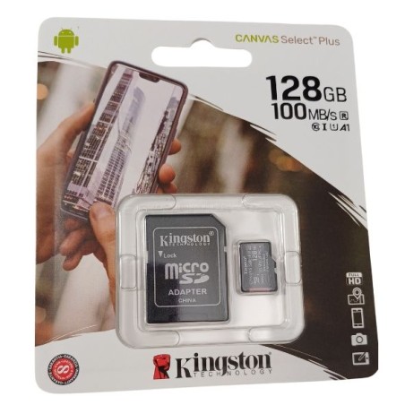MICRO SD KINGSTON CLASSE 10 XC 128GB CANVAS SELECT PLUS U3 A1 100 MB/S CON ADATTATORE NERO