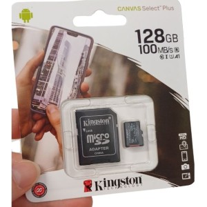 MICRO SD KINGSTON CLASSE 10 XC 128GB CANVAS SELECT PLUS U3 A1 100 MB/S CON ADATTATORE NERO